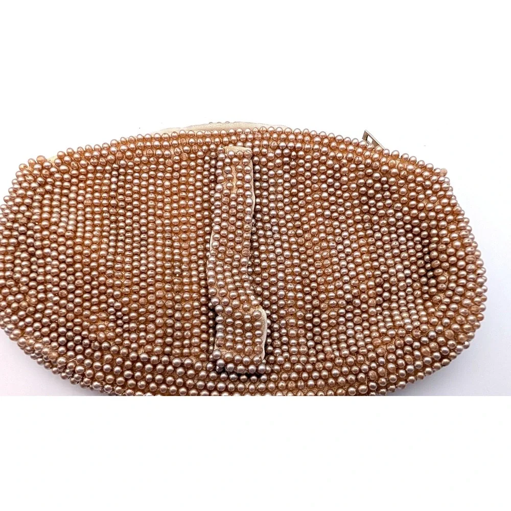 Vintage Made in Japan Faux Pearl Beaded Clutch Champagne Evening Bag Hand Strap